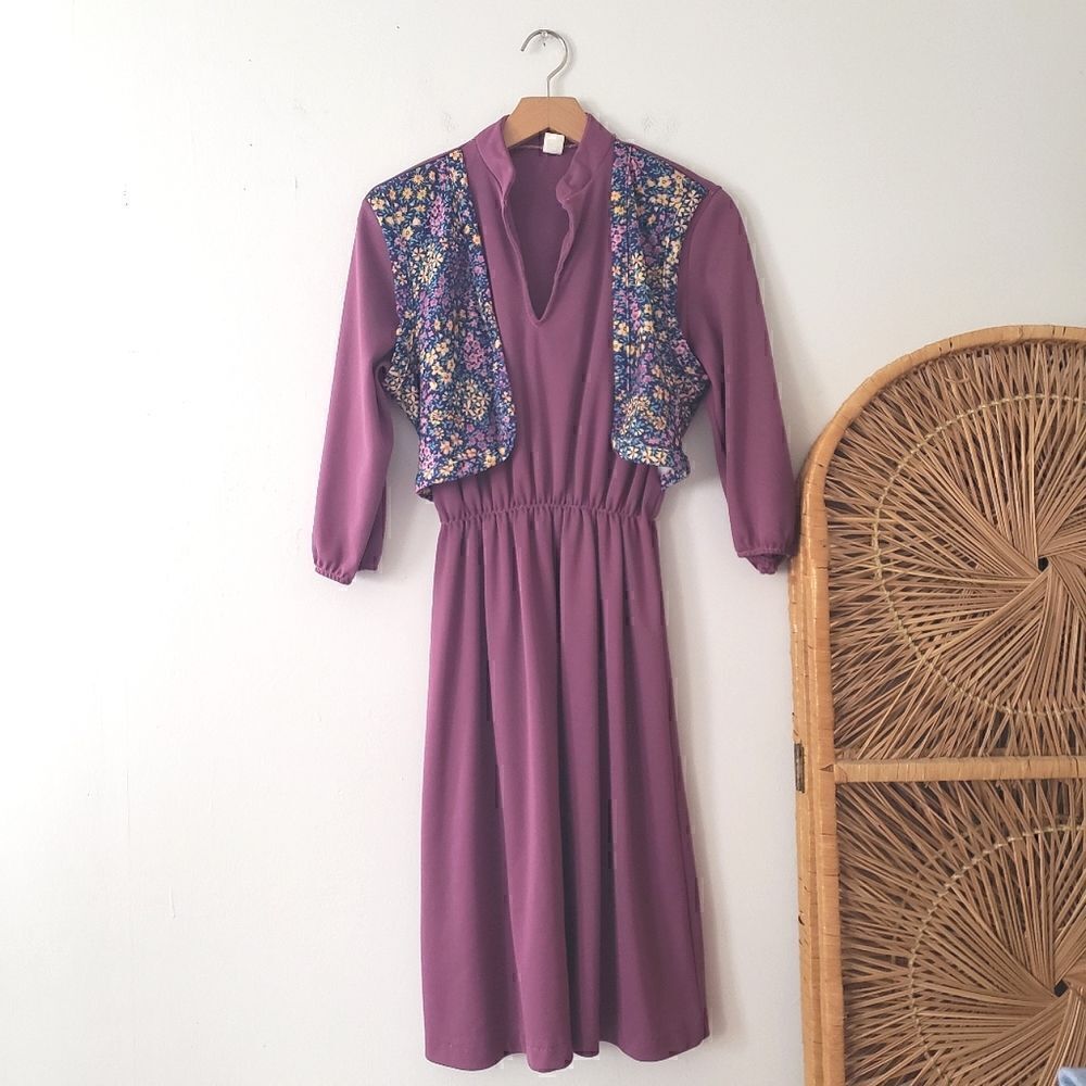 Vintage 70s Boho Hippie Midi Dress Purple Floral Vest S